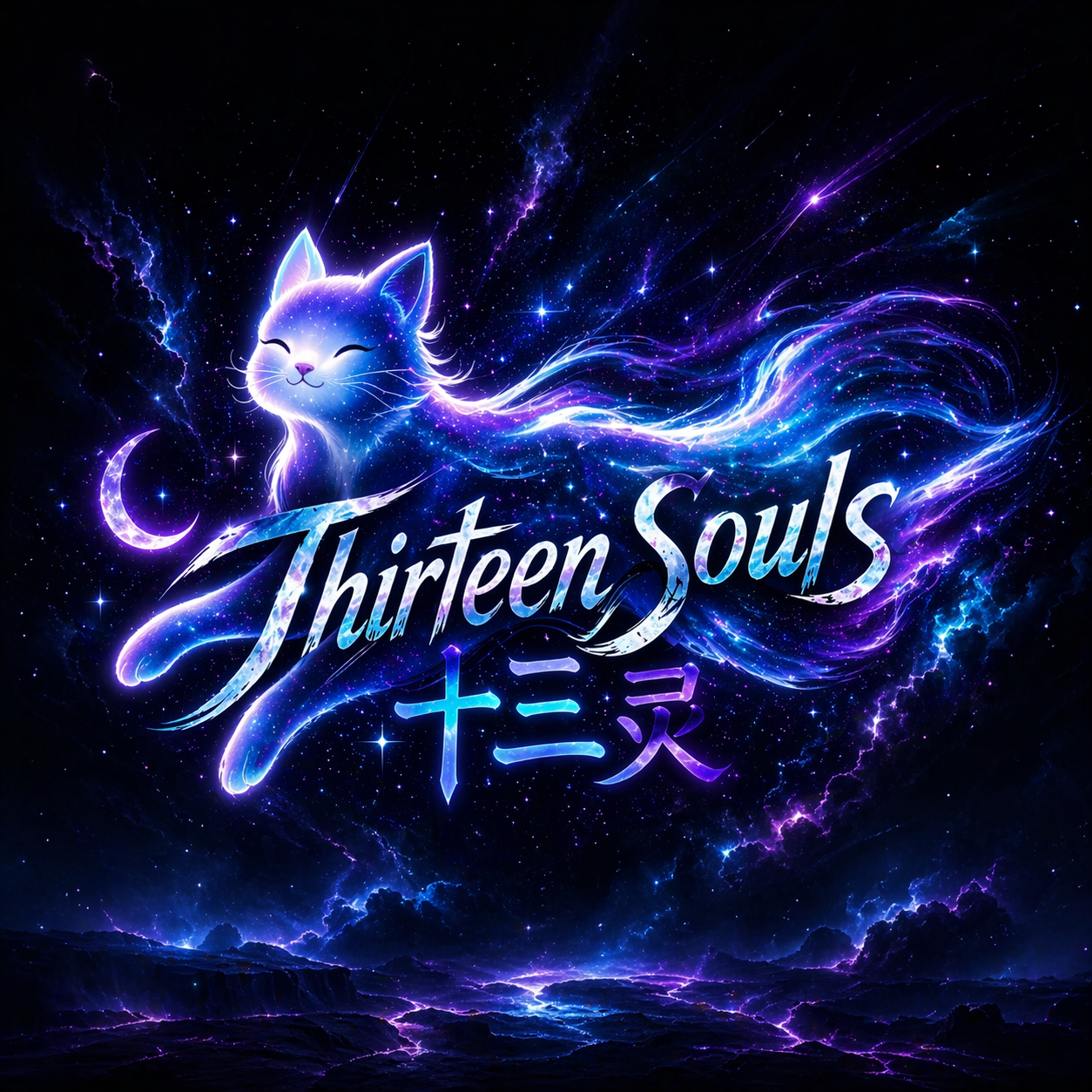 Thirteen Souls celestial cat drifting through a violet and blue starfield